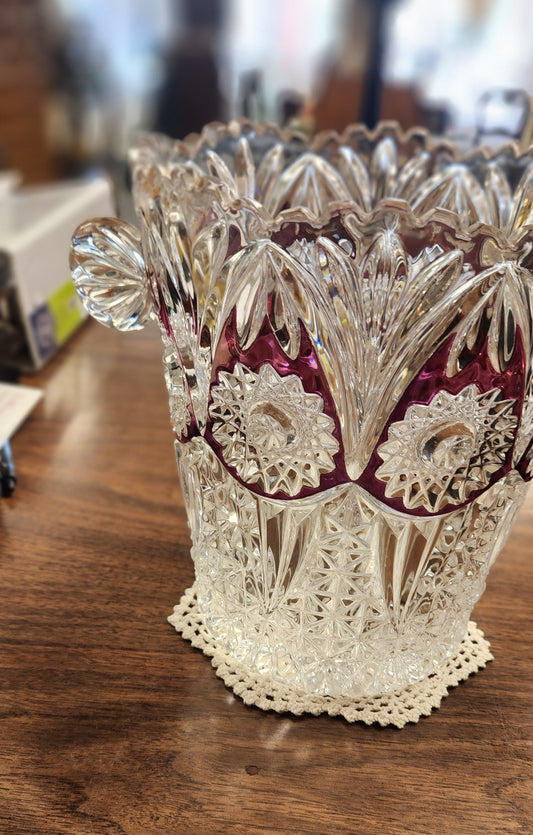 Vintage Bavarian Cut-to-Clear Cranberry Crystal Ice Bucket - 1970s