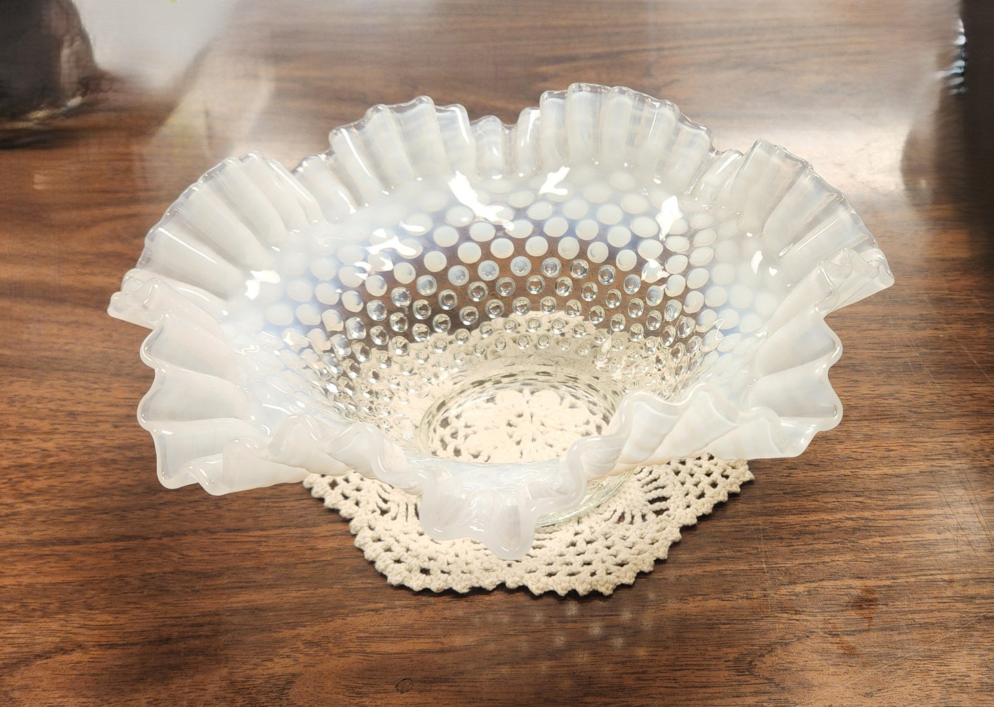 Vintage Fenton Glass Moonstone Hobnail Bowl Ruffled Edge 10" Clear Opalescent