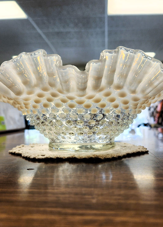 Vintage Fenton Glass Moonstone Hobnail Bowl Ruffled Edge 10" Clear Opalescent