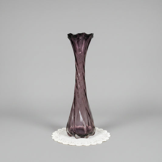 Vintage Amethyst Purple Swirl Glass Vase Twisted Optic Ribbed Ruffled Rim 16" MCM