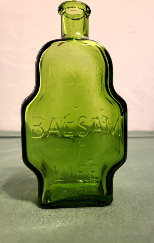 Vintage Green Glass “BALSAM” Bottle – Kings Patent Balsam of Life – Embossed Medicine Bottle – Apothecary Decor