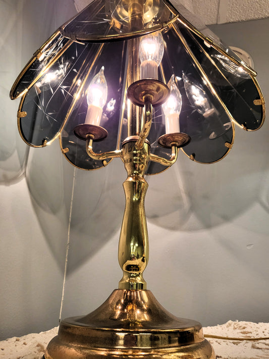 Vintage Touch Lamp LRG Accent Table Night Light Brass Smoky Glass Panels Post Modern Three Way Candelabra Hollywood Regency Mid Century