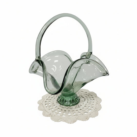 Vintage Light Green Hand-Blown Art Glass Basket Centerpiece