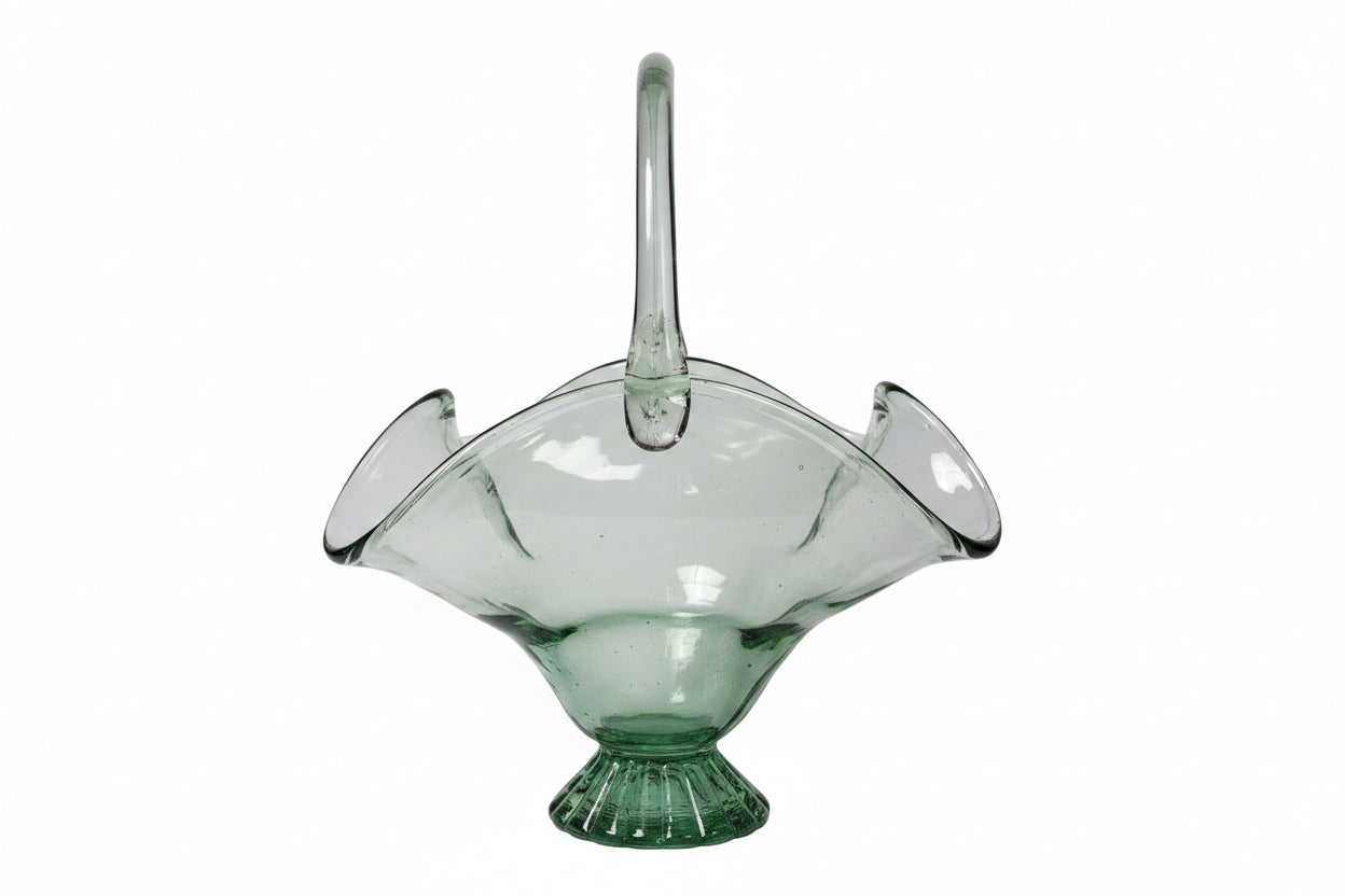 Vintage Light Green Hand-Blown Art Glass Basket Centerpiece
