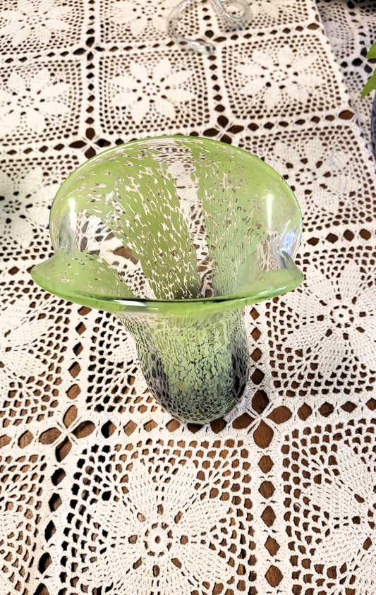 Vintage Teleflora Art Glass Vase Chartreuse Green Purple Speckled Spatter Waterfall 8"