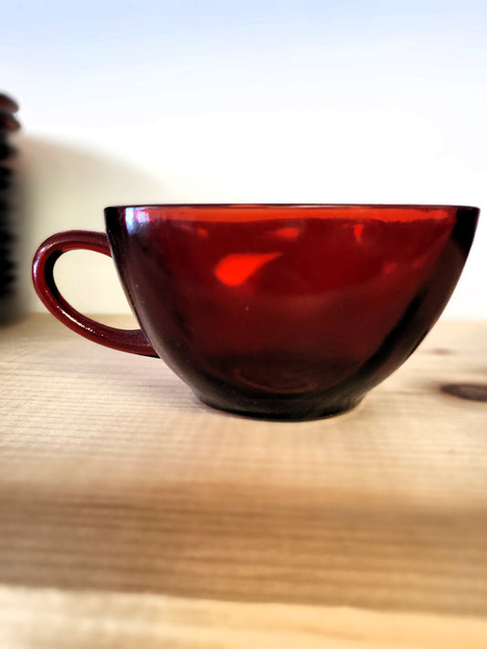 Vintage Royal Ruby Red Anchor Hocking Square Cup & Saucer Glass Set – 1950s