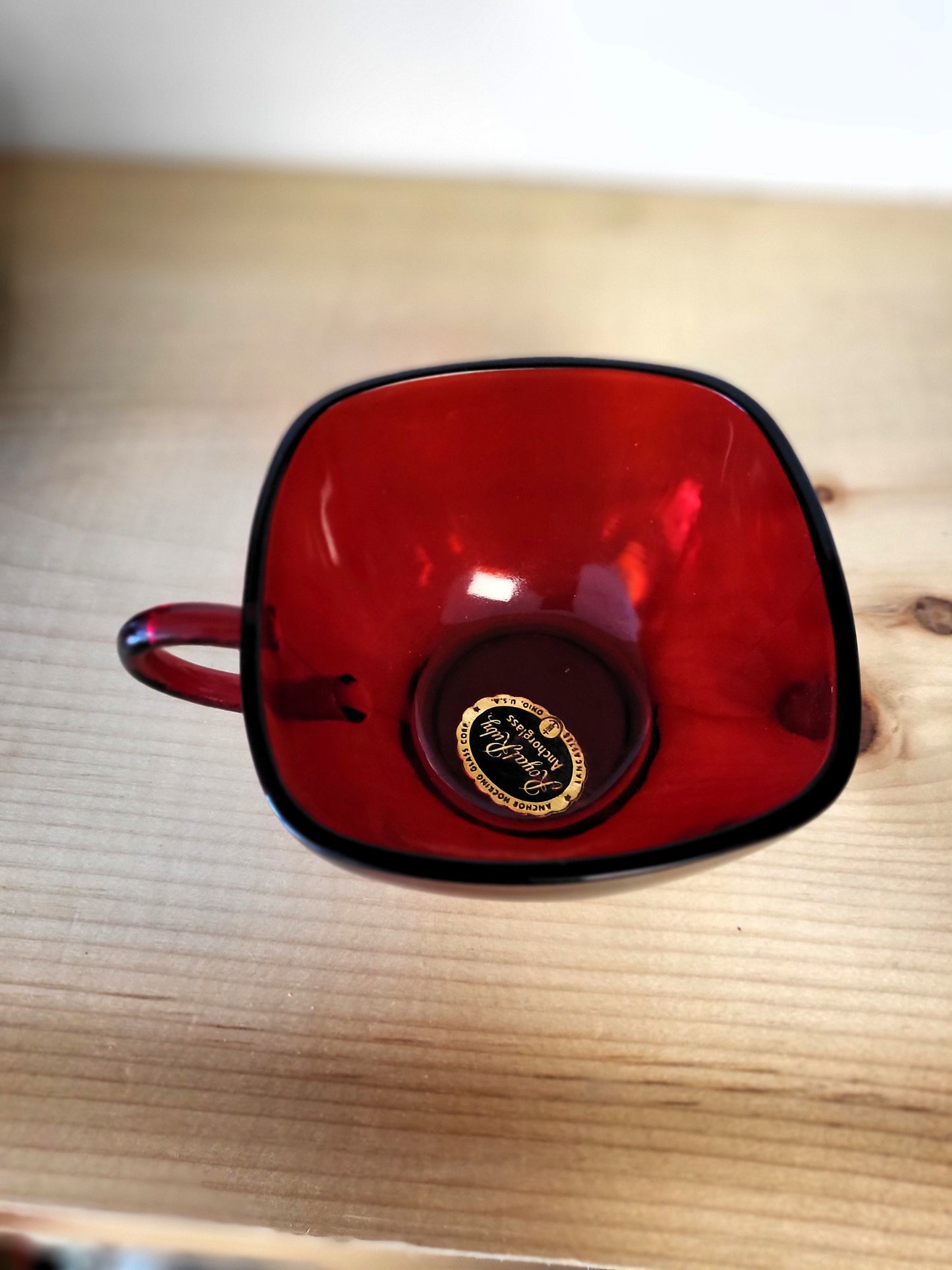 Vintage Royal Ruby Red Anchor Hocking Square Cup & Saucer Glass Set – 1950s