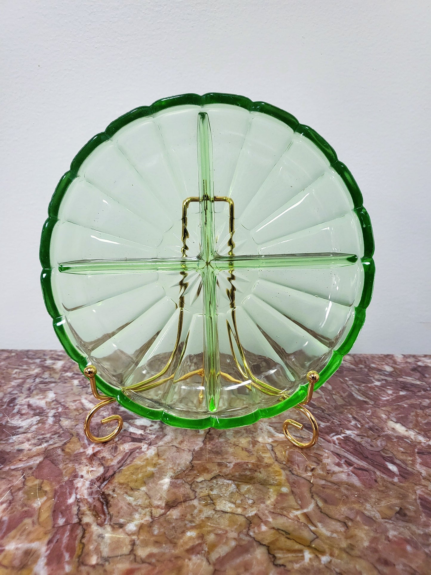 Vintage 7.25" Diamond Glassware "Victory" Green Uranium Glass Divided Relish Dish - 1929-1931