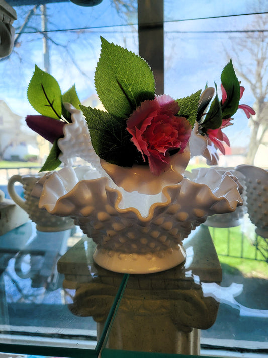 Vintage Fenton Milk Glass Hobnail 4 Piece Epergne Centerpiece Bowl Horns Vase MCM