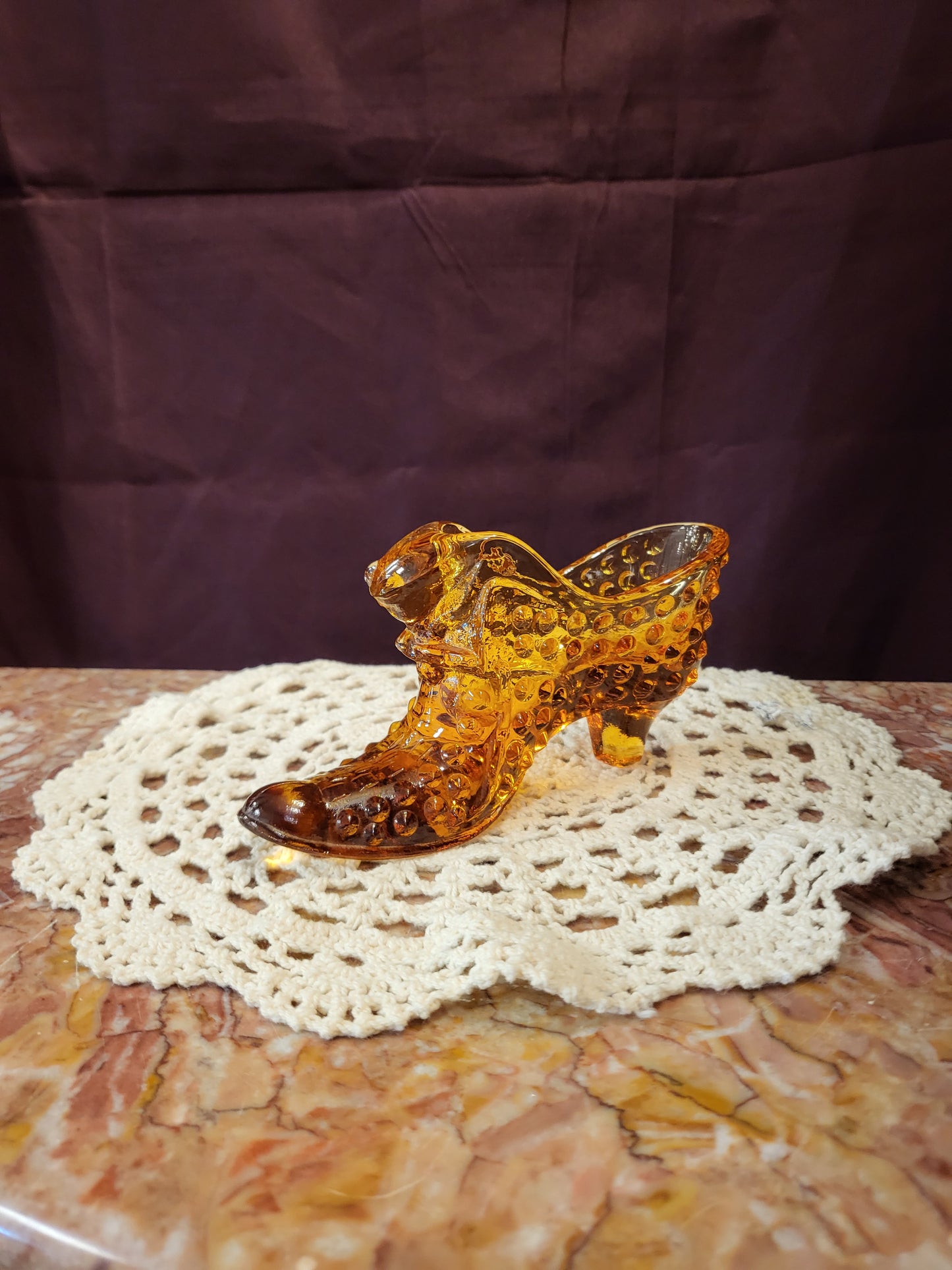 Vintage Fenton Glass Amber Hobnail Cat Head Slipper Shoe Figurine 6" Mid-Century