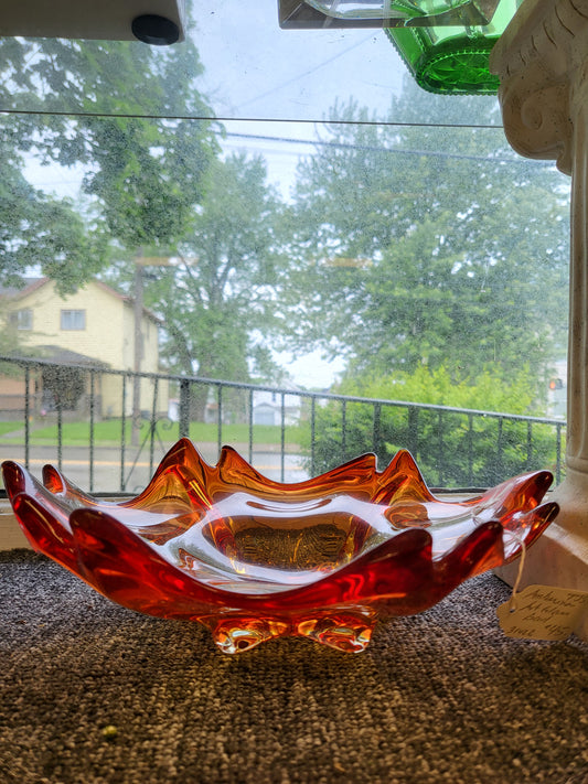 Vintage Murano Art Glass Centerpiece Bowl – Red & Amber Amberina Ruffled Splat Bowl, Mid-Century Modern Hand-Blown Italian Art Glass