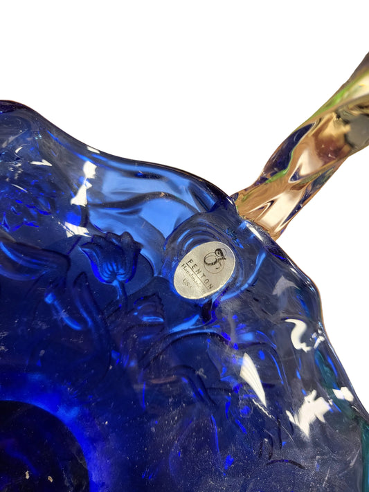 Vintage Fenton Cobalt Blue Water Lily Glass Basket Clear Twisted Handle Pedestal
