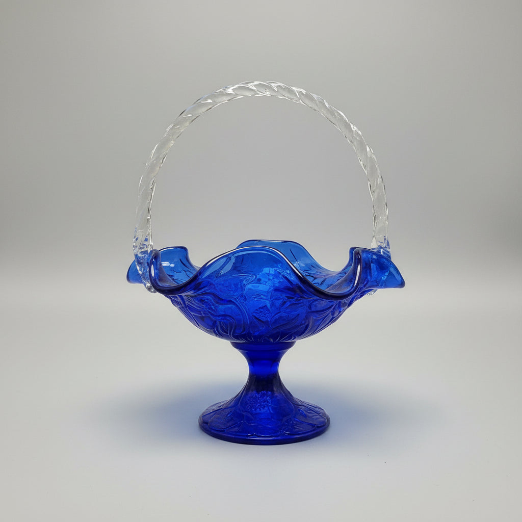 Vintage Fenton Cobalt Blue Water Lily Glass Basket Clear Twisted Handle Pedestal
