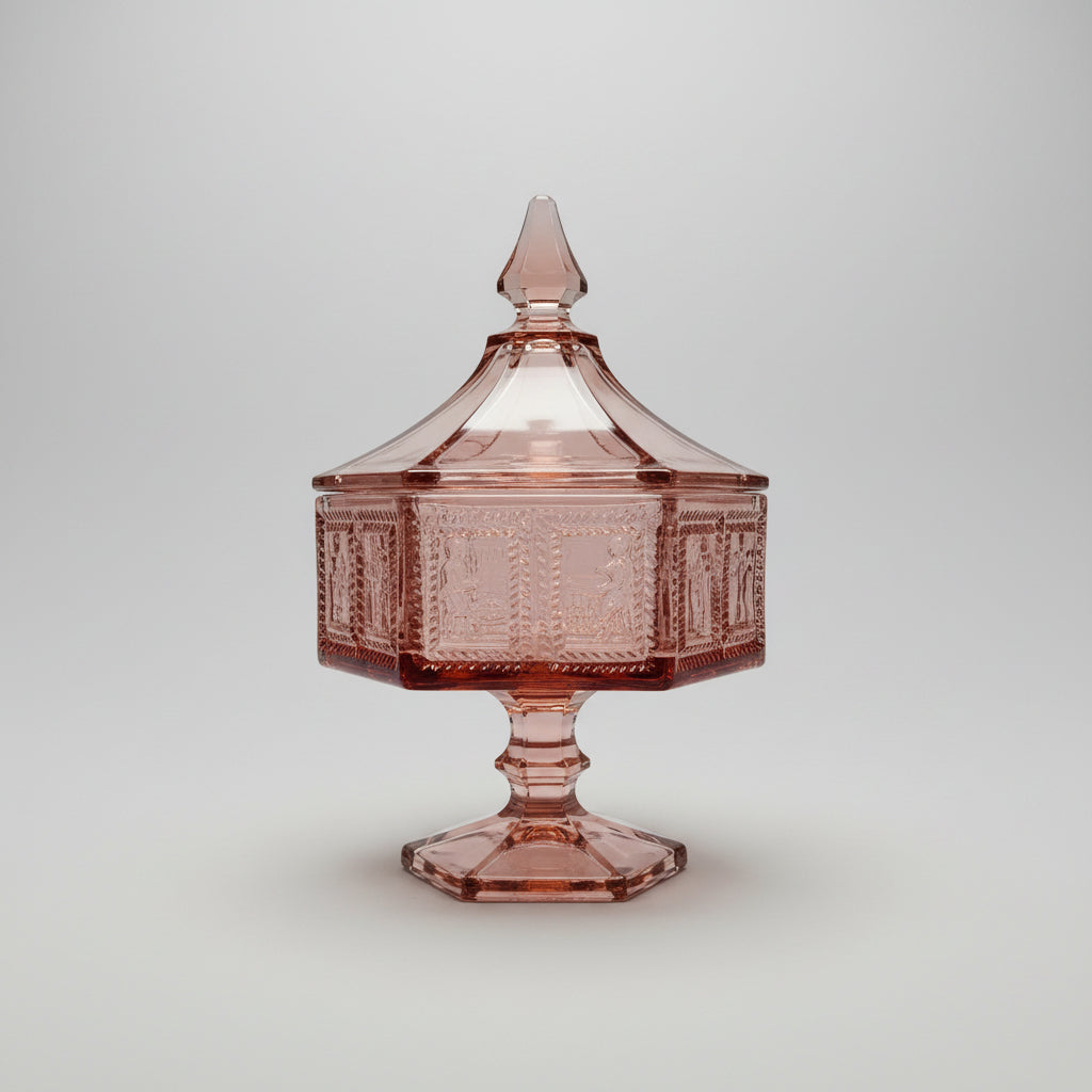 Vintage Tiara Exclusives Pink Glass Colonial Eagle & Star Covered Candy Dish Hexagon