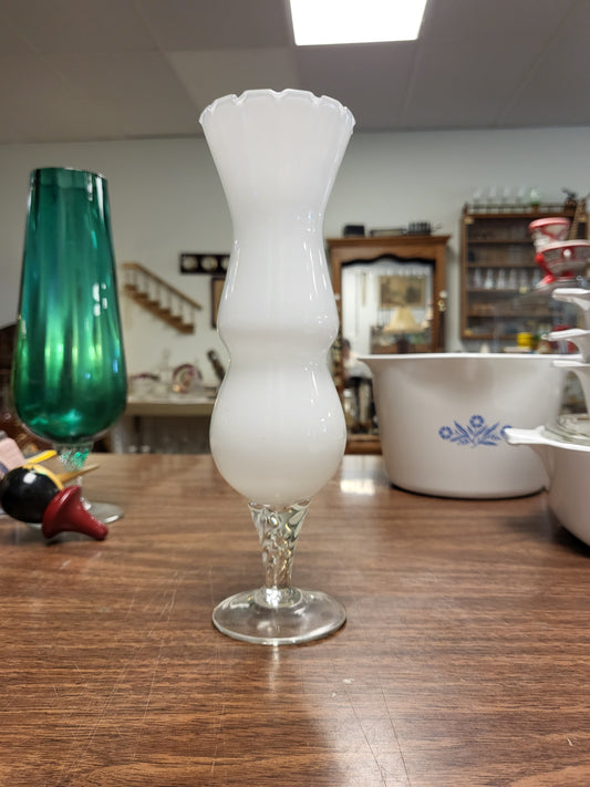 Vintage Mid-Century Empoli Style White Cased Glass Bud Vase 9.5” Clear Twisted Stem Scalloped Ruffled Rim Hand Blown Italian Art Glass Retro MCM
