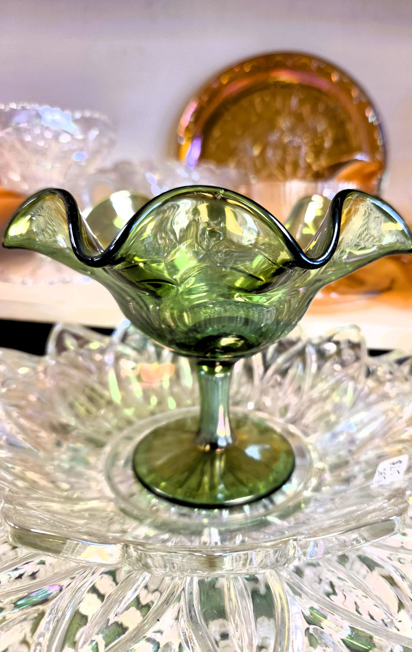 Antique Imperial Glass Helios Green Scroll Embossed Carnival Glass Ruffled Compote 1910s