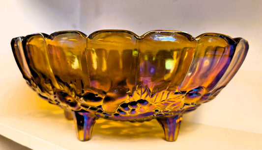 Vintage Indiana Carnival Glass Harvest Grape Oval Footed Fruit Bowl Marigold Amber