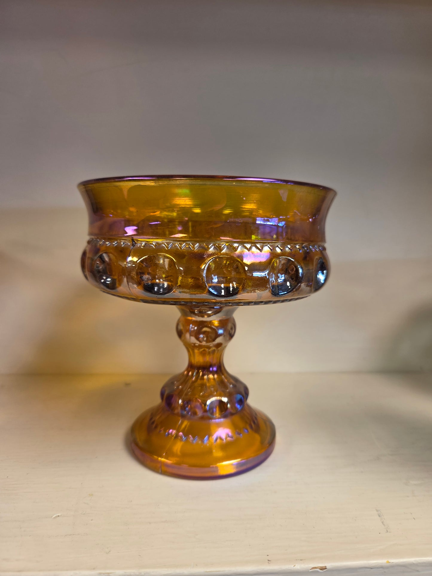 Vintage Indiana Glass King's Crown Marigold Carnival Glass Compote Thumbprint Pedestal Candy Dish