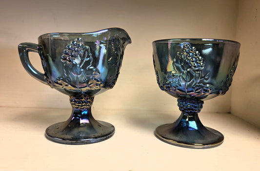 Vintage Indiana Carnival Glass Harvest Grape Blue Creamer and Sugar Bowl Set 1970s