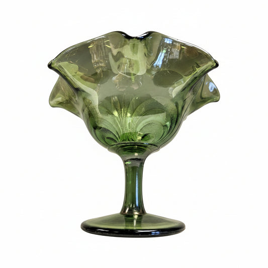 Antique Imperial Glass Helios Green Scroll Embossed Carnival Glass Ruffled Compote 1910s
