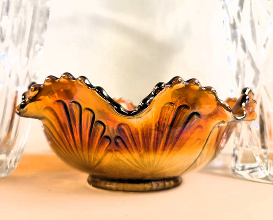 Antique Fenton Marigold Carnival Glass Ribbon Tie Ruffled Bowl, Circa 1911