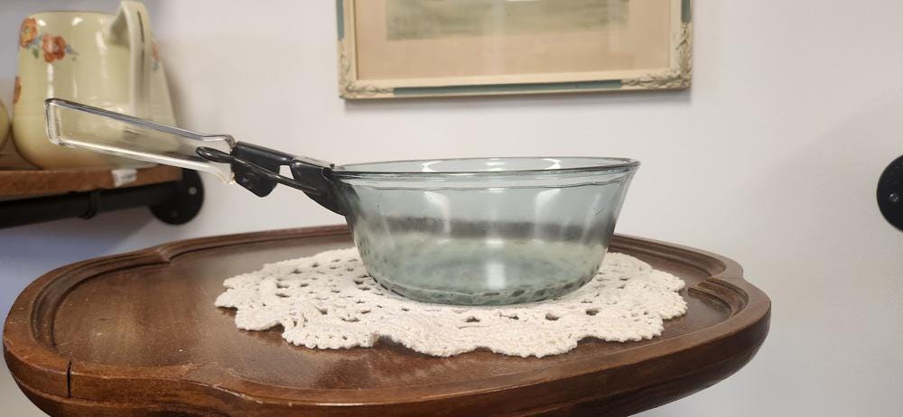 Vintage Pyrex Flameware removable glass handle and Blue Tint 832 B Saucepan 1qt