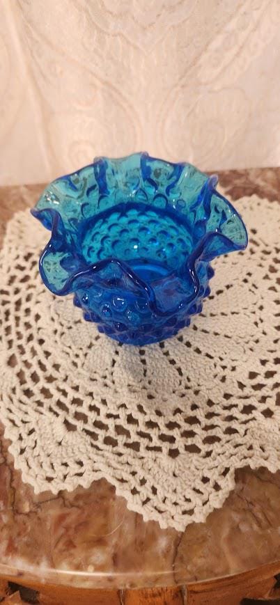 Vintage Fenton Glass Colonial Blue Hobnail Ruffled Rose Bowl Small Vase 3" MCM
