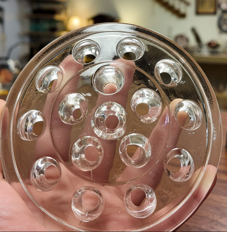 Vintage Clear Glass Flower Frog 16 Hole Floral Stem Holder Arranger, Heavy Domed Pressed Glass Centerpiece Vase Insert, Mid-Century Floral Craft Tool 5"