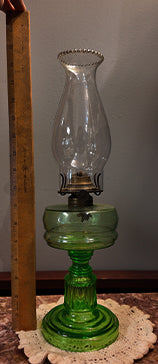 Antique Late Victorian Emerald Green Glass Kerosene Oil Lamp with Plume & Atwood Brass Burner