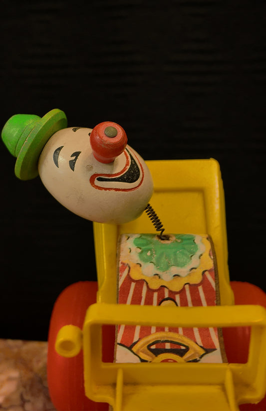 Vintage 1965 Fisher Price Jolly Jalopy Clown Pull Toy 724 Wooden Vehicle WORKS
