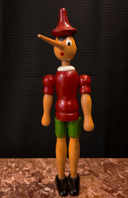 Vintage Italian Wooden Pinocchio Doll – Jointed Articulated Mid-Century Toy Figurine, Made in Italy