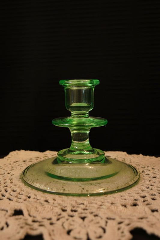 Antique Green Uranium Glass Candlestick Holder | 1930s Depression Glass
