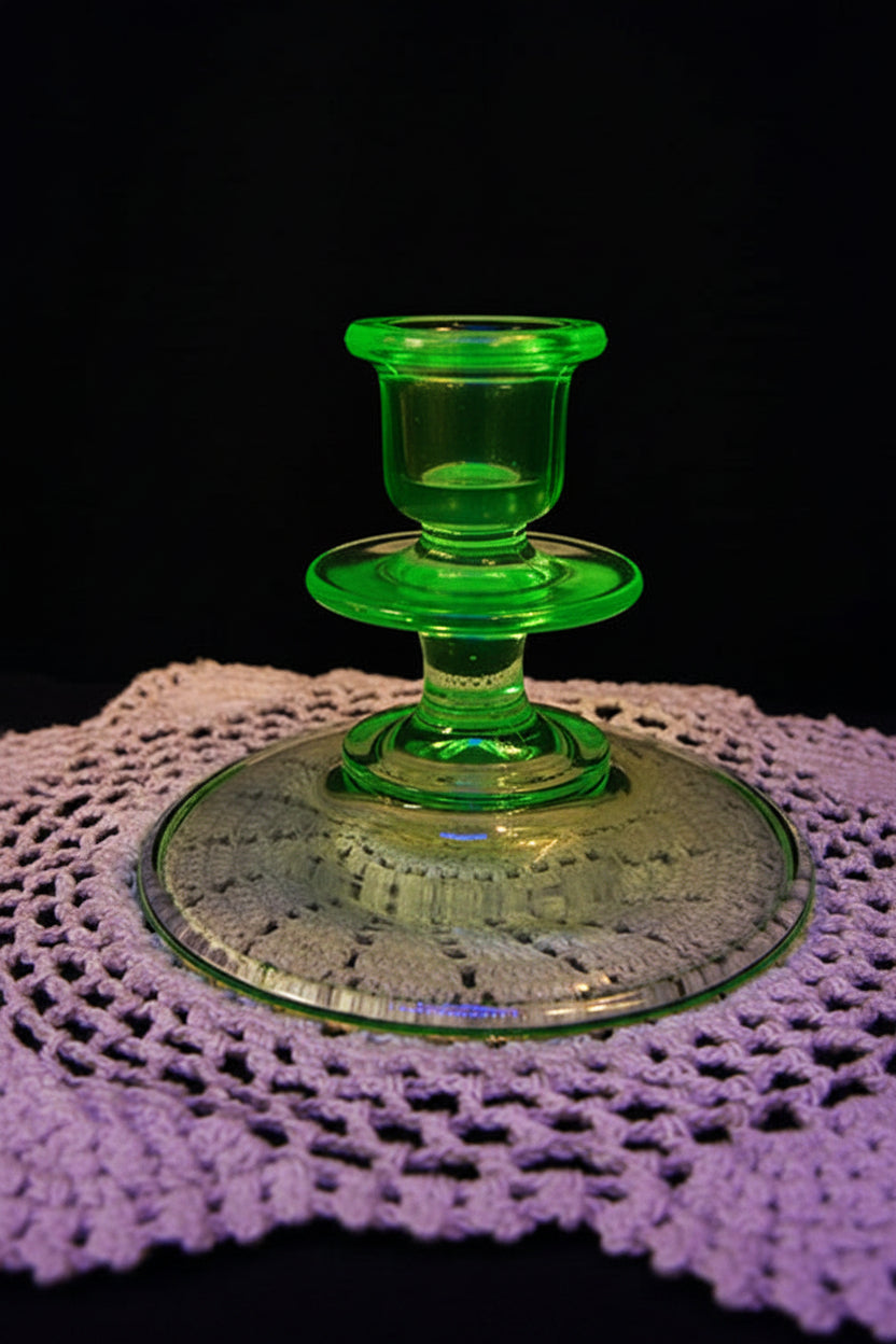 Antique Green Uranium Glass Candlestick Holder | 1930s Depression Glass