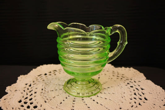 Vintage Anchor Hocking Circle Green Depression Glass Creamer Pitcher Uranium Glass Glows 1930s
