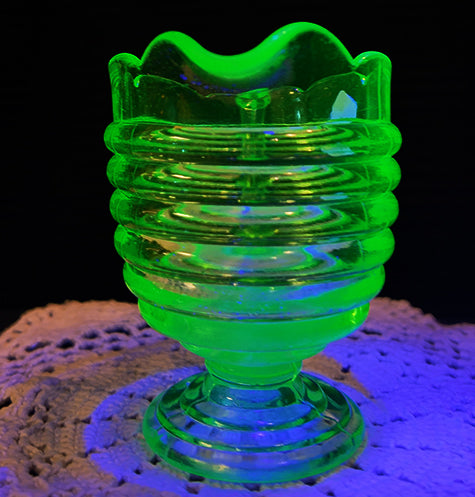 Vintage Anchor Hocking Circle Green Depression Glass Creamer Pitcher Uranium Glass Glows 1930s