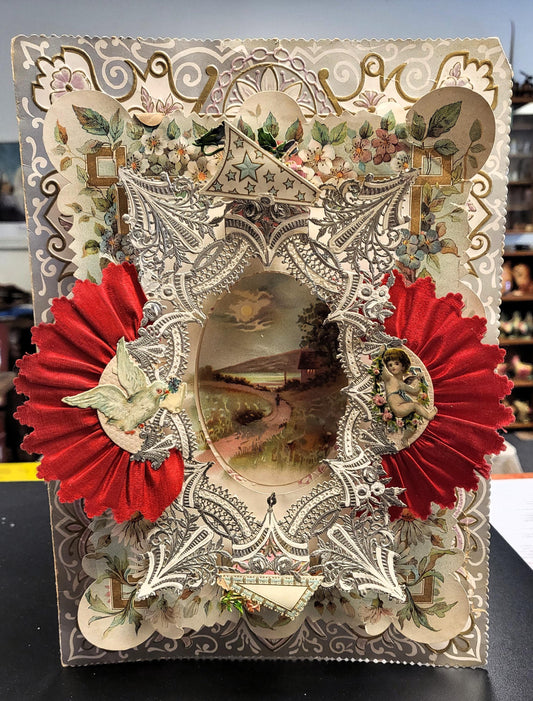 Large Antique Victorian Valentines Day Card - Multi Layered - Pop-Up - Foil - Die-cut Paper Lace - Red Silk