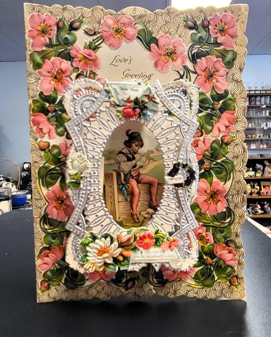 Antique Victorian Valentines Day Card - Die-Cut Lace, Flowers, Boy, Flute, Pop-Up