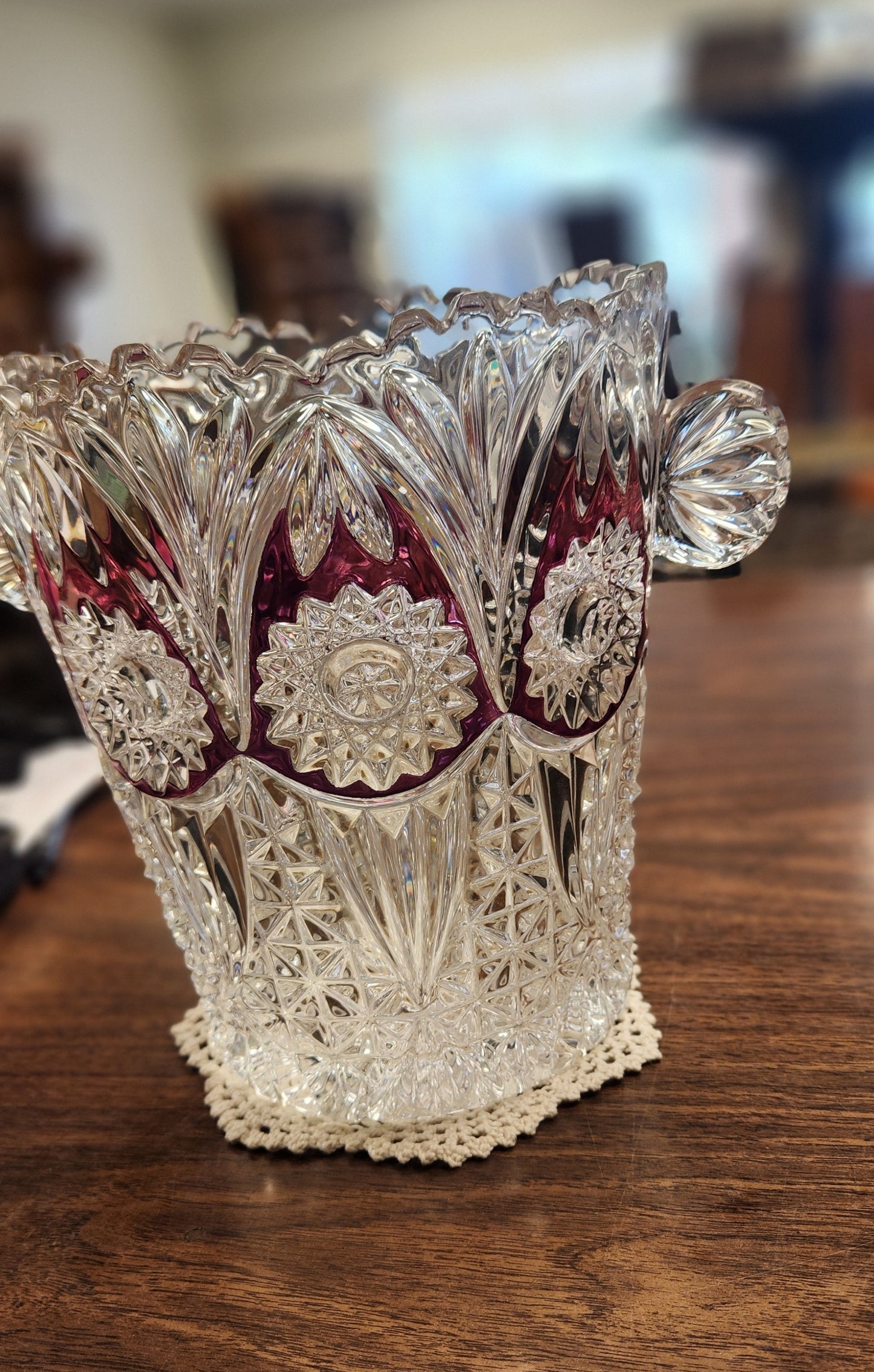 Vintage Bavarian Cut-to-Clear Cranberry Crystal Ice Bucket - 1970s