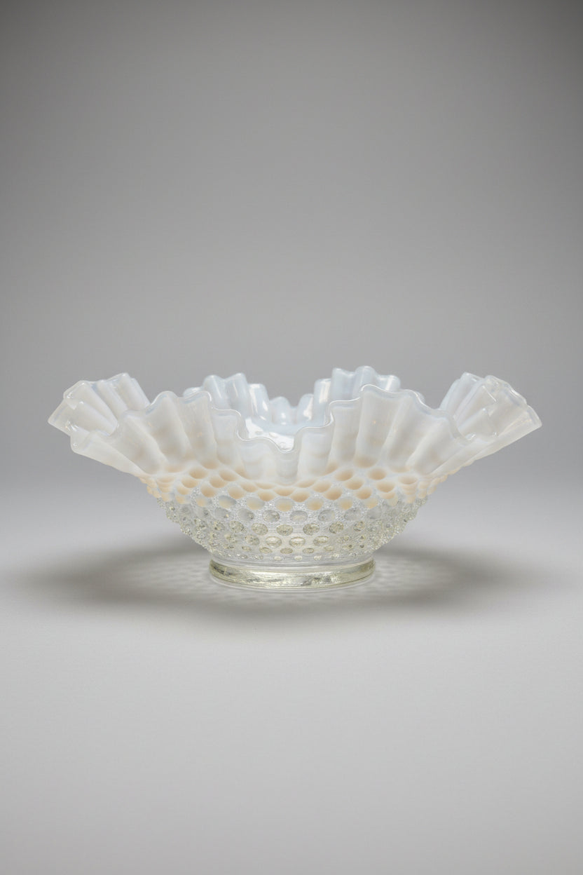Vintage Fenton Glass Moonstone Hobnail Bowl Ruffled Edge 10" Clear Opalescent