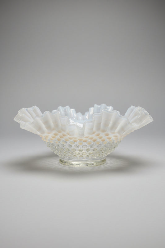 Vintage Fenton Glass Moonstone Hobnail Bowl Ruffled Edge 10" Clear Opalescent