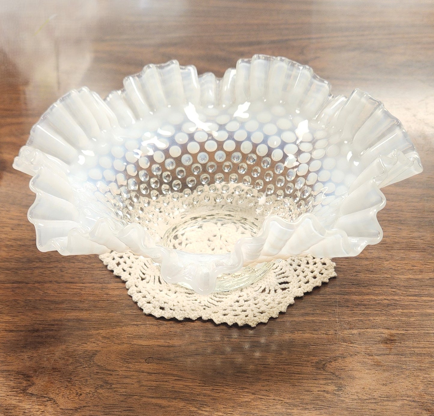 Vintage Fenton Glass Moonstone Hobnail Bowl Ruffled Edge 10" Clear Opalescent