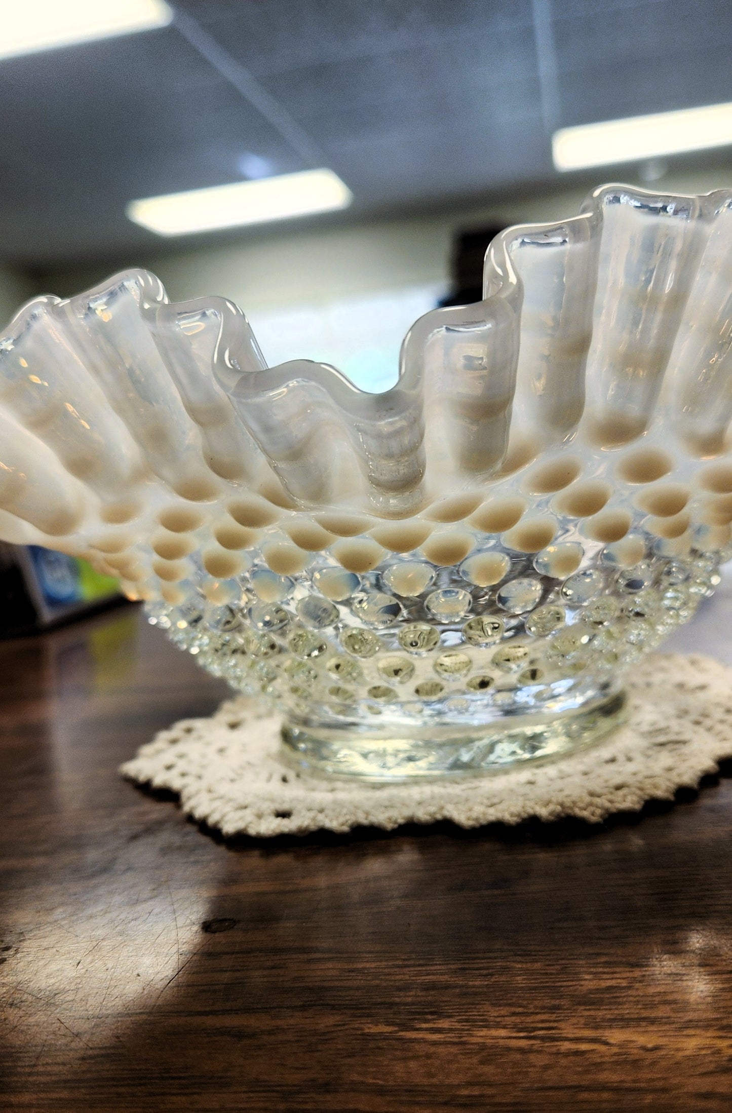 Vintage Fenton Glass Moonstone Hobnail Bowl Ruffled Edge 10" Clear Opalescent