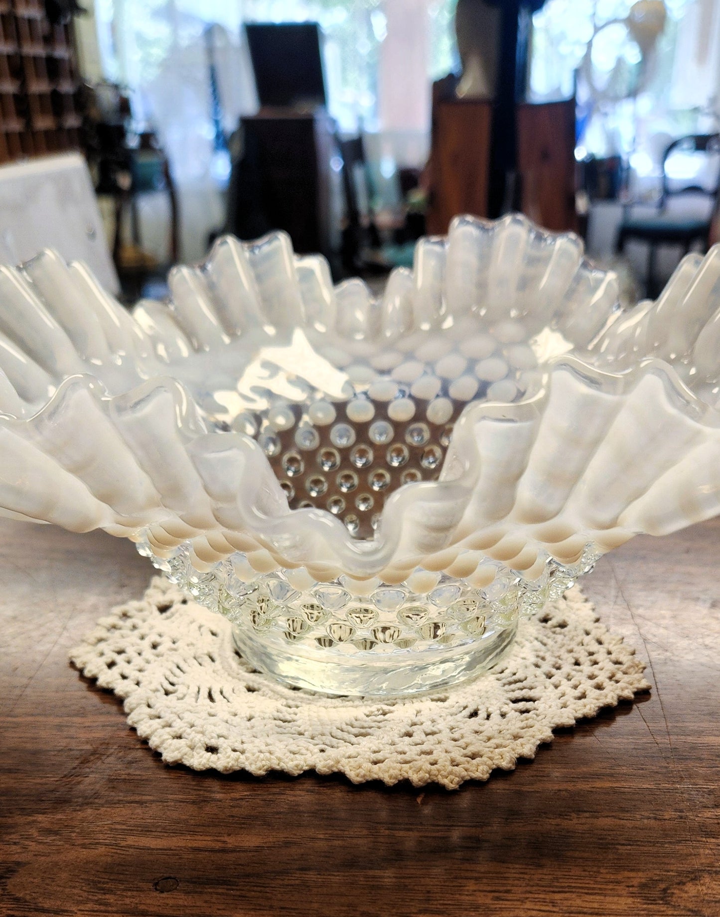 Vintage Fenton Glass Moonstone Hobnail Bowl Ruffled Edge 10" Clear Opalescent