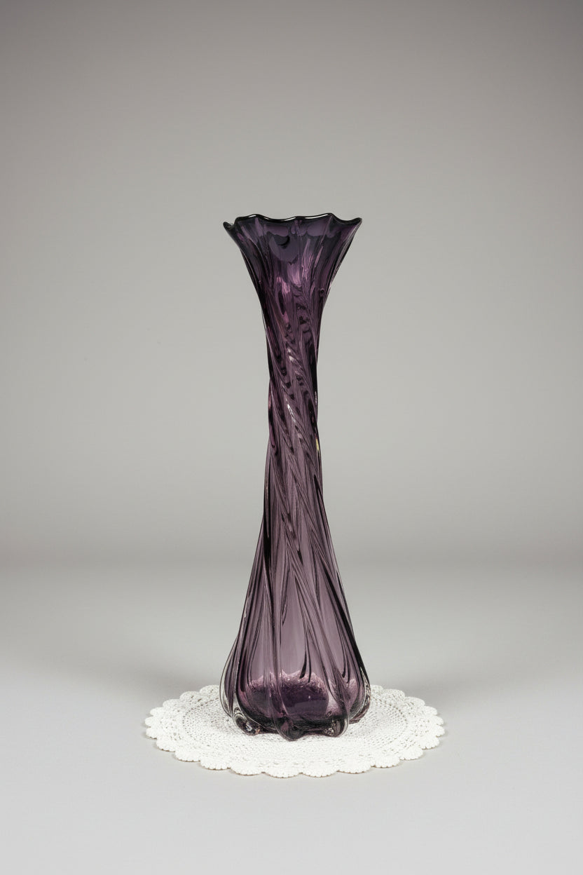 Vintage Amethyst Purple Swirl Glass Vase Twisted Optic Ribbed Ruffled Rim 16" MCM