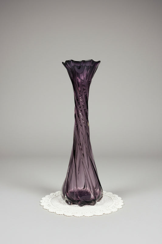 Vintage Amethyst Purple Swirl Glass Vase Twisted Optic Ribbed Ruffled Rim 16" MCM