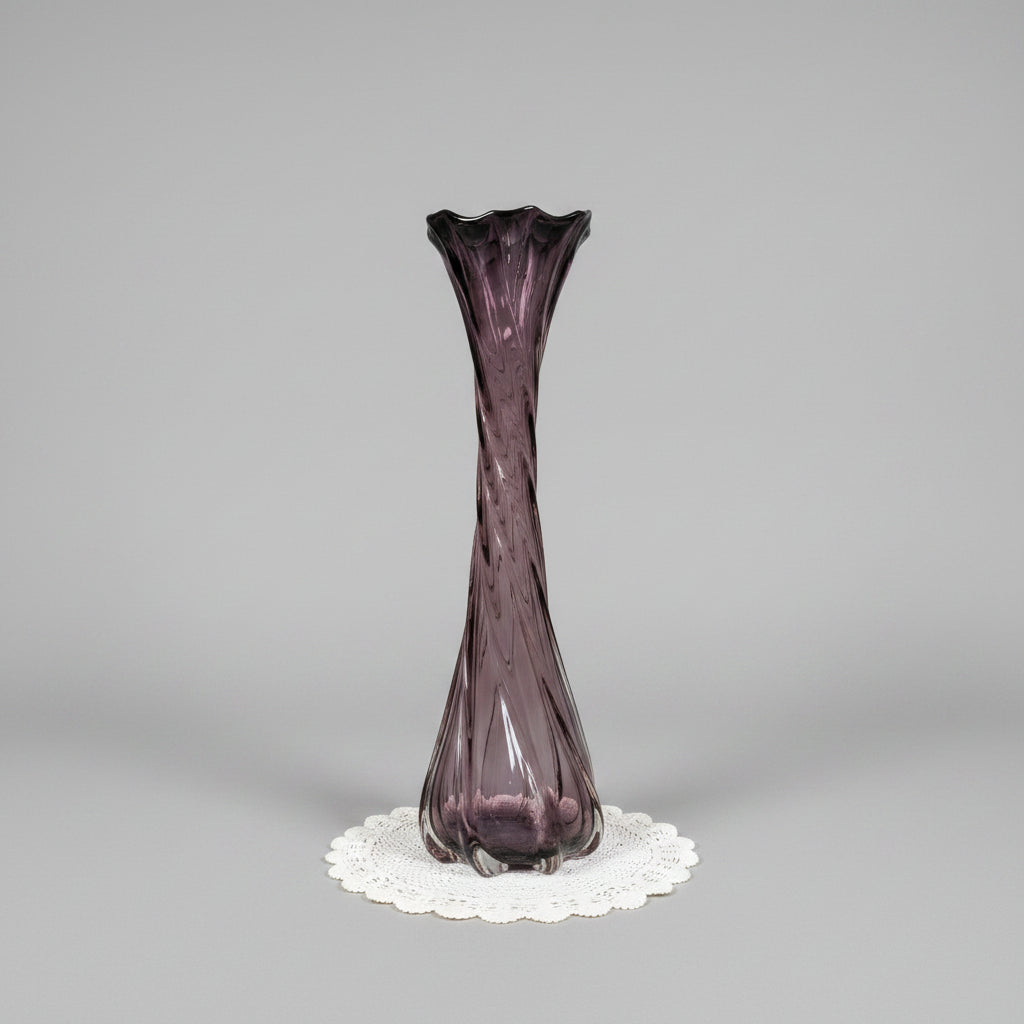 Vintage Amethyst Purple Swirl Glass Vase Twisted Optic Ribbed Ruffled Rim 16" MCM