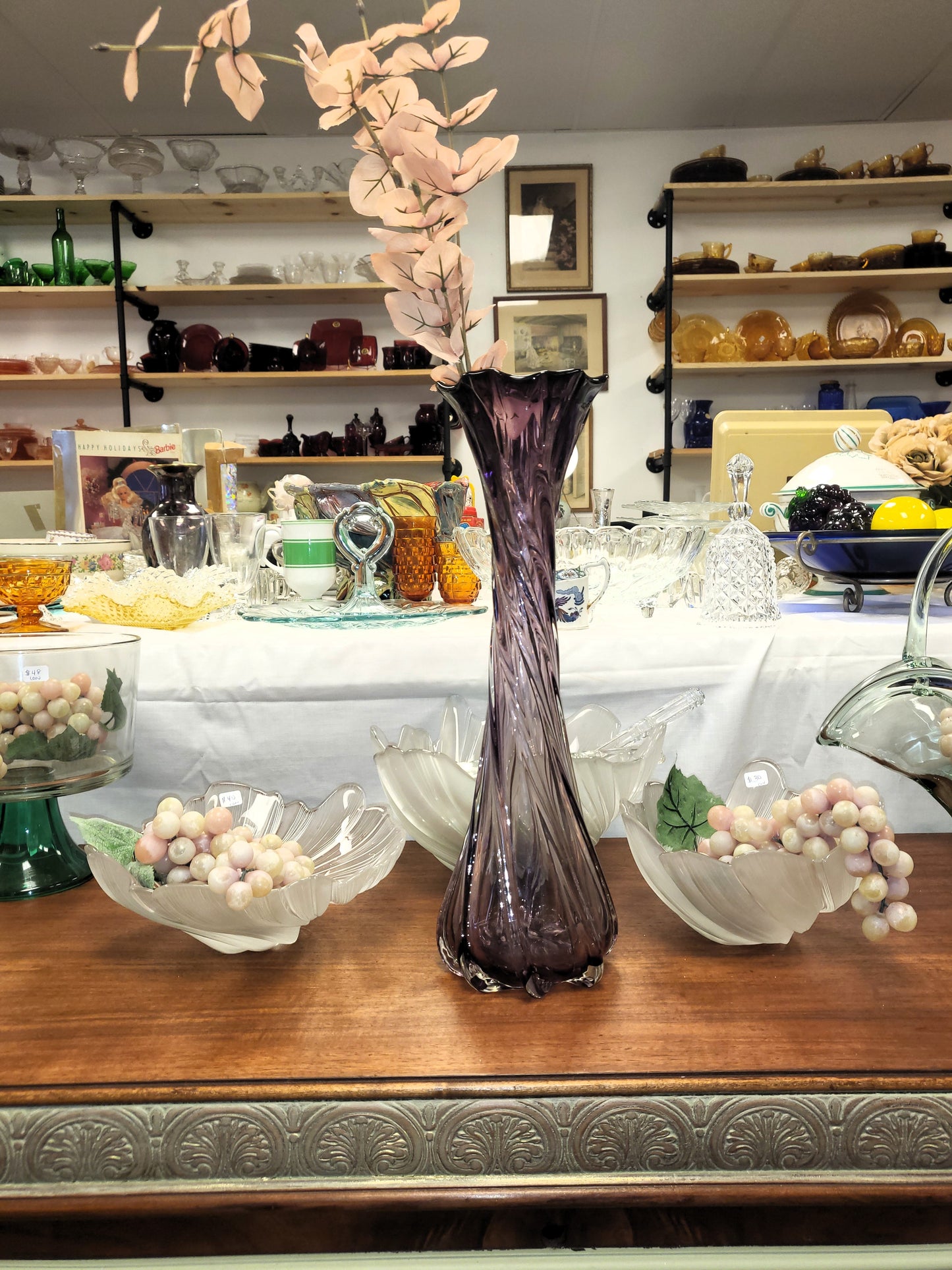 Vintage Amethyst Purple Swirl Glass Vase Twisted Optic Ribbed Ruffled Rim 16" MCM