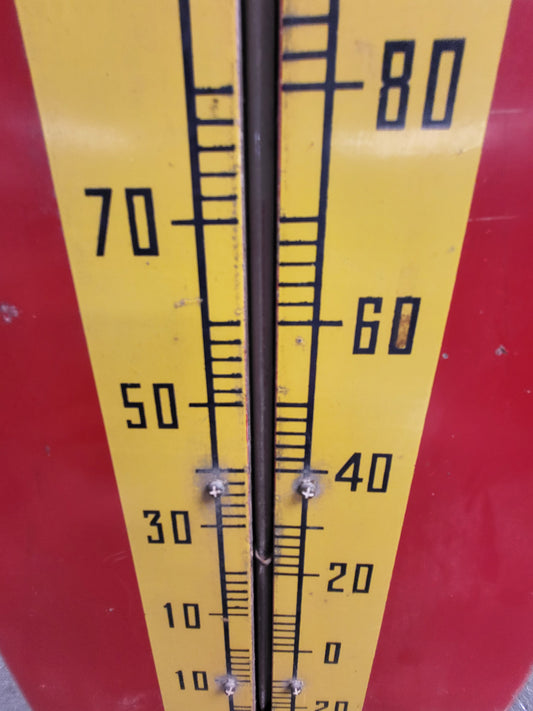 Thermometer with yellow background and black markings on a red surface