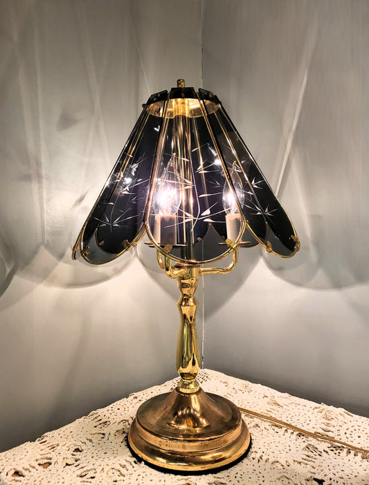 Vintage Touch Lamp LRG Accent Table Night Light Brass Smoky Glass Panels Post Modern Three Way Candelabra Hollywood Regency Mid Century