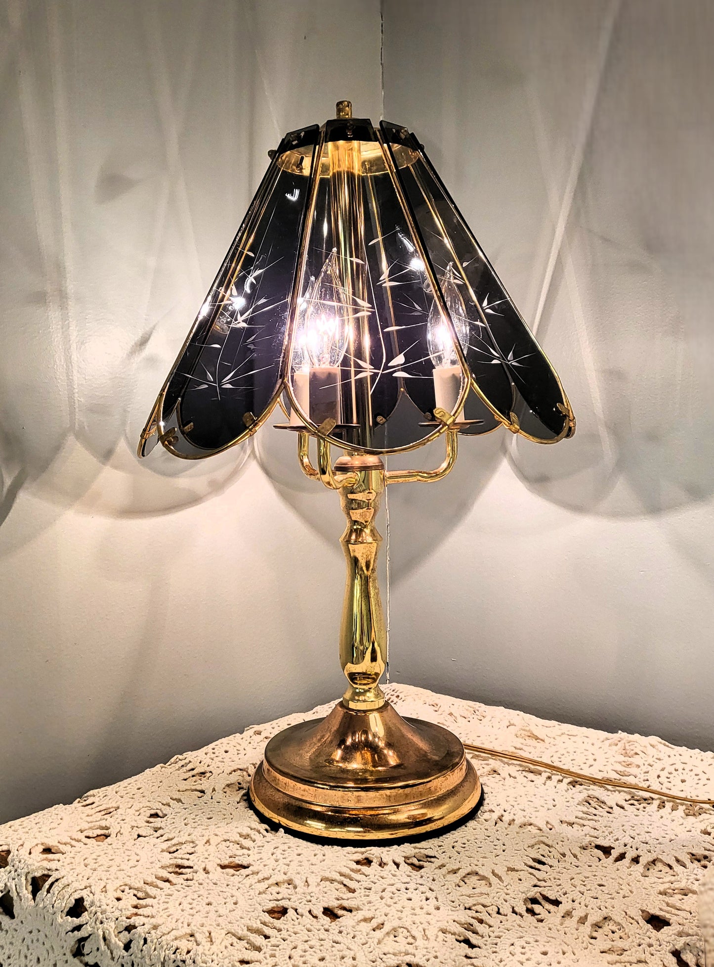 Vintage Touch Lamp LRG Accent Table Night Light Brass Smoky Glass Panels Post Modern Three Way Candelabra Hollywood Regency Mid Century